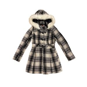 Ashley by 26 International USA Plaid Toggle Wool Coat Faux Fur Hood‎ Jacket M
